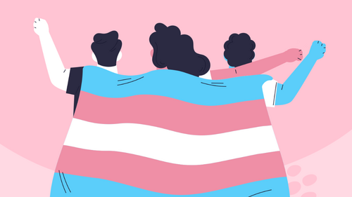 Cartoon graphic showing three people facing away from the image, they are holding a trans pride flag draped across their shoulders.